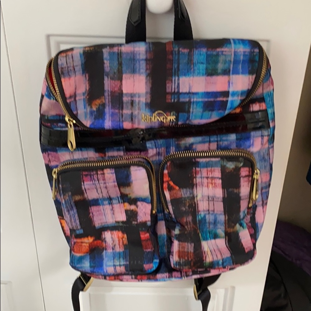 Kipling Multicolor Plaid Backpack - Pink, Blue, Black